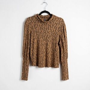 Anthropologie Wavy Squiggle Puff Sleeve Turtleneck Ribbed Camel Top Medium
